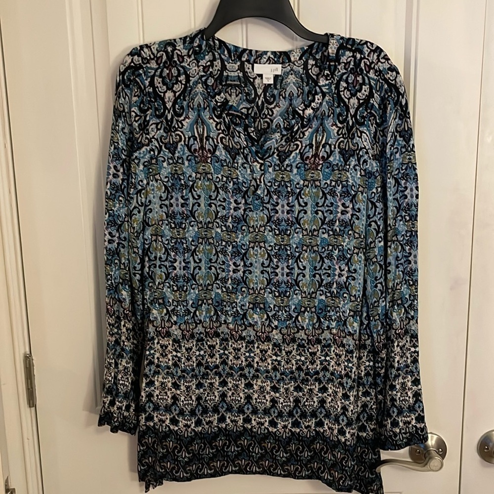 J JILL women’s M rayon crepe popover tunic top blouse blue & black Long sleeve